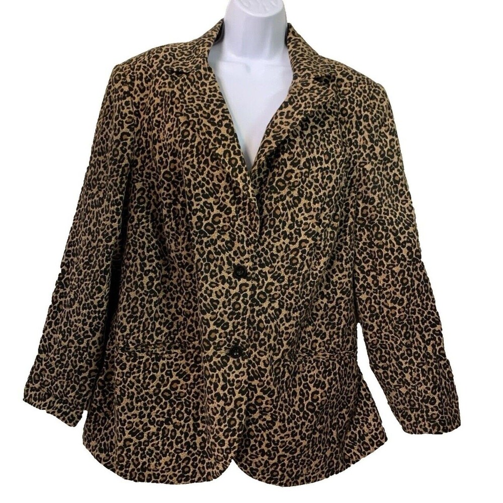 VTG 90s Brown Cheetah Print Pockets Lined Jacket Blazer Newport News Women's 14W